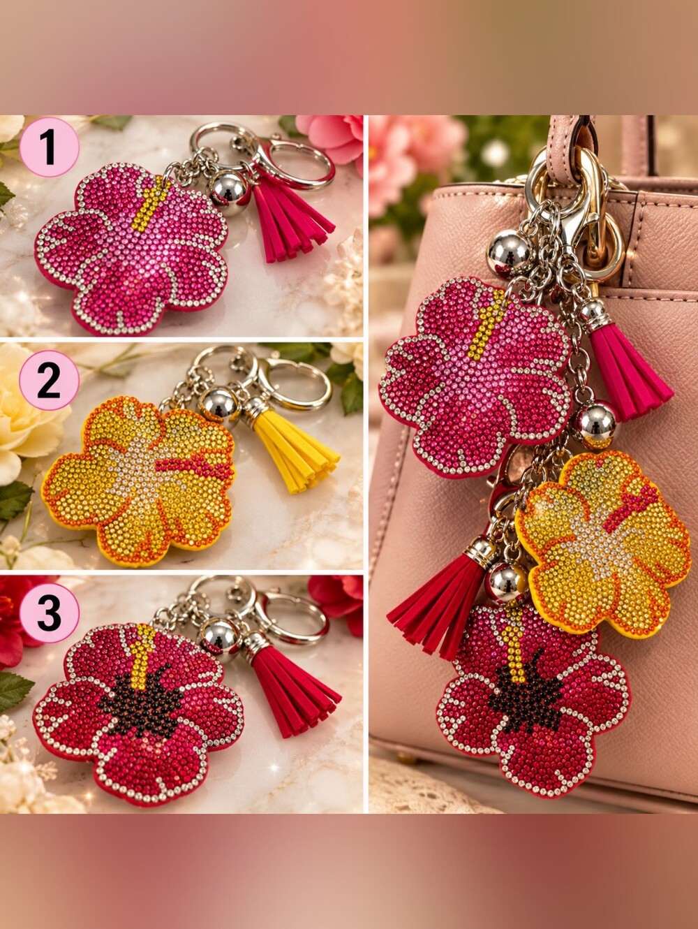 🌸 Sparkly Rhinestone Flower Keychain / Purse Charm – Choose Your Favorite Color